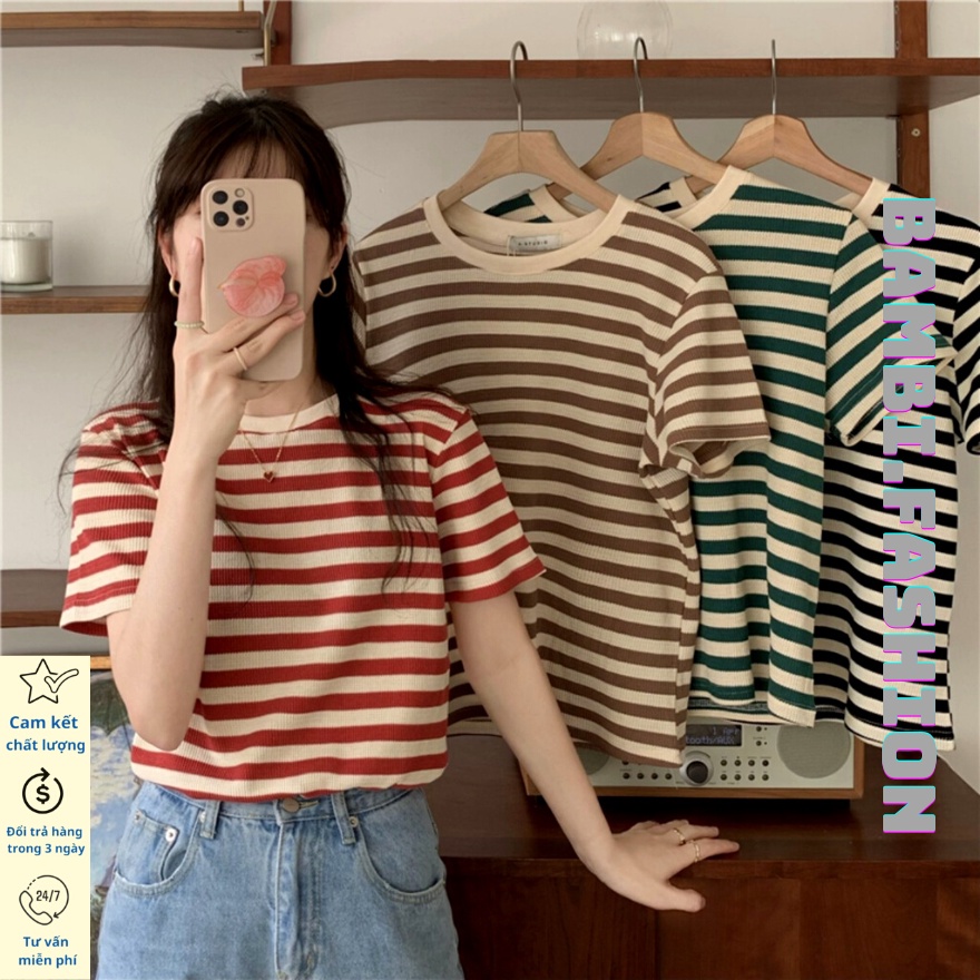 Áo Thun nữ phối kẻ ngang cộc tay chất tổ ong cao cấp BAMBI, Áo phông kẻ cổ tròn phong cách Hàn Quốc hàng Quảng châu M77