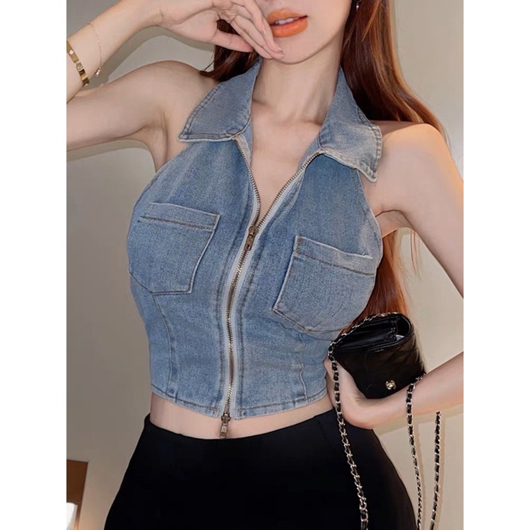 Áo croptop yếm jean sát nách lưng bo chun cổ bẻ có dây kéo 610 FIORI STORE