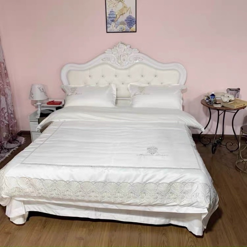 Bộ chăn ga lụa silk machia HLHOME thêu viền bèo siêu mềm mại, thoáng mát