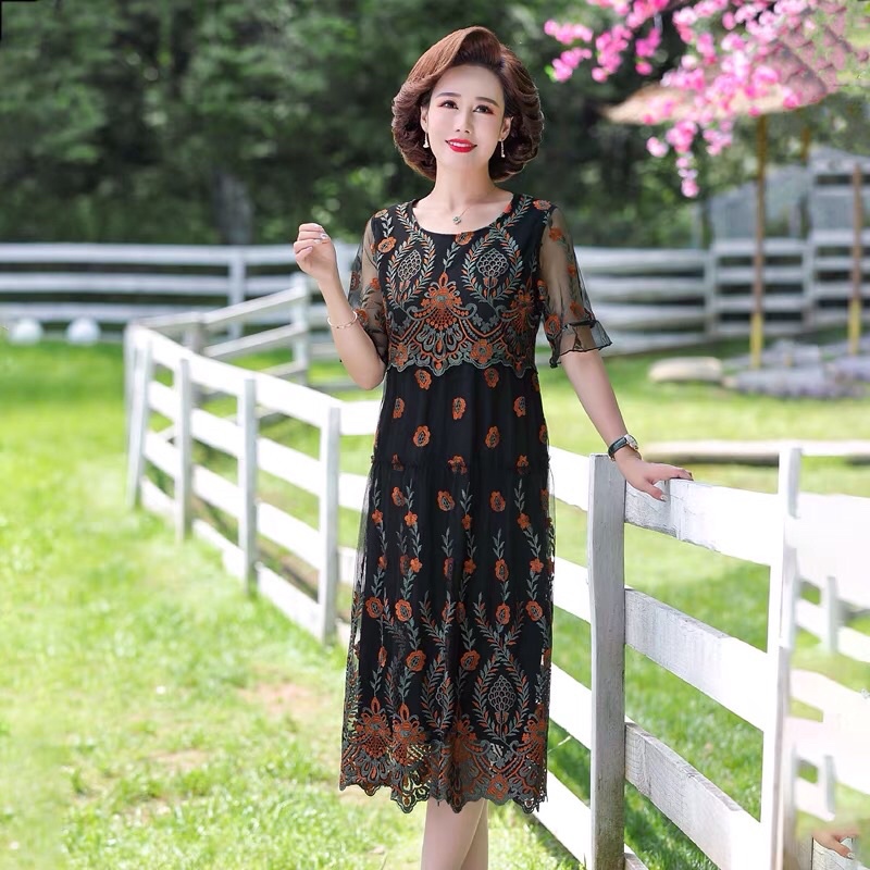 Đầm ren voan trung niên nữ cao cấp, thiết kế thêu hoa, dáng xoè A sang trọng, trẻ trung NV1027
