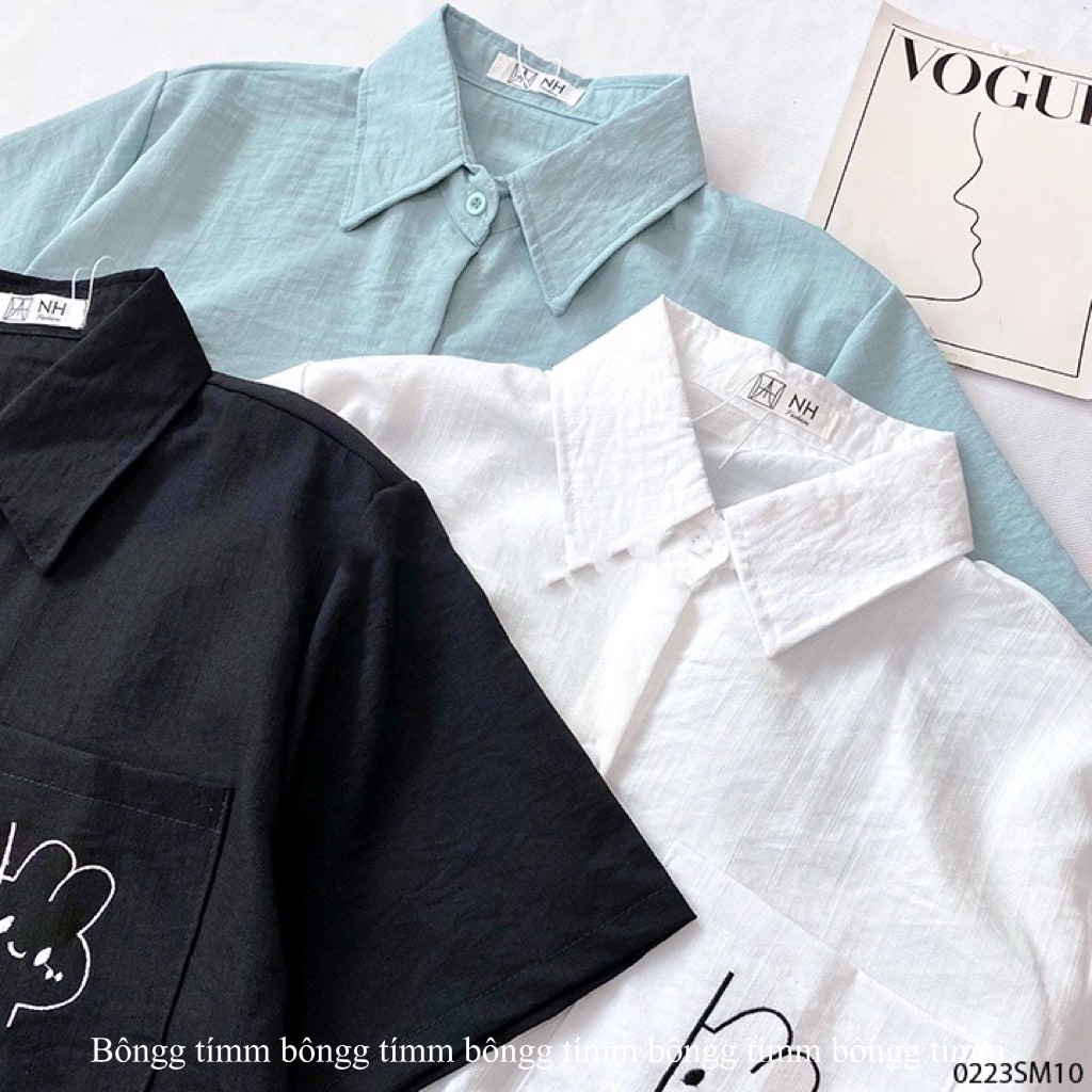 Áo croptop thêu hình dễ thương vải đũi hàn