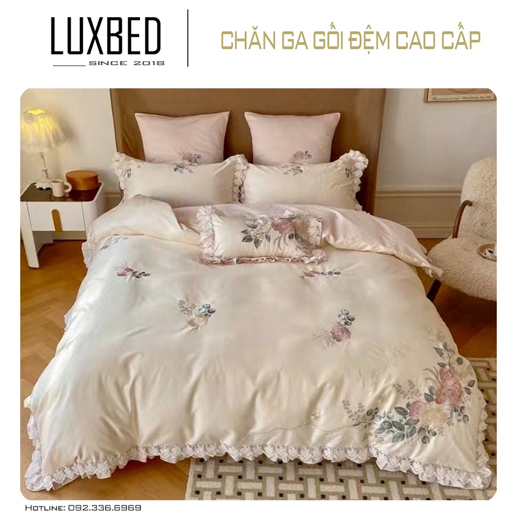 Bộ chăn ga gối Lụa Sateen 100s Ren Princess thêu Hoa Hồng Pháp- LUXBED