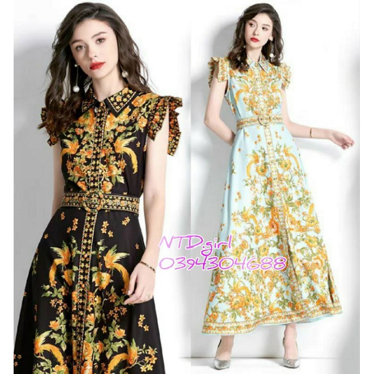 Hàng nhập - Đầm dáng xòe lụa in hoa văn cổ Đức, váy maxi dự tiệc tay con