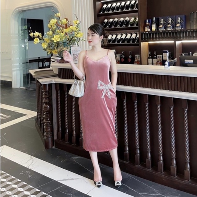 Váy 2 dây nhung đính nơ đá sườn, đầm nhung cao cấp