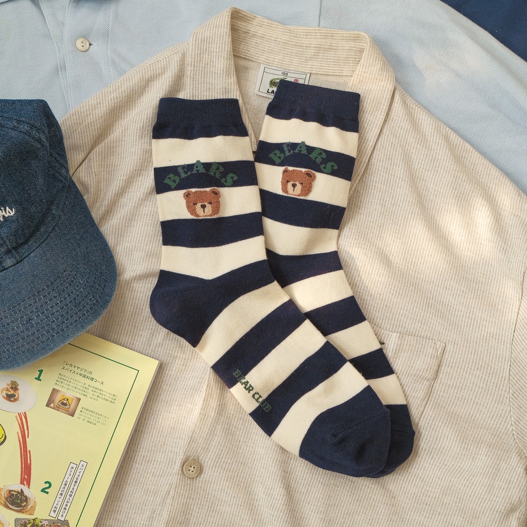 TEDDY BOY CLUB - Tất vớ cao cổ nam kẻ ngang hình gấu nâu xù bông, nhập khẩu Hàn Quốc