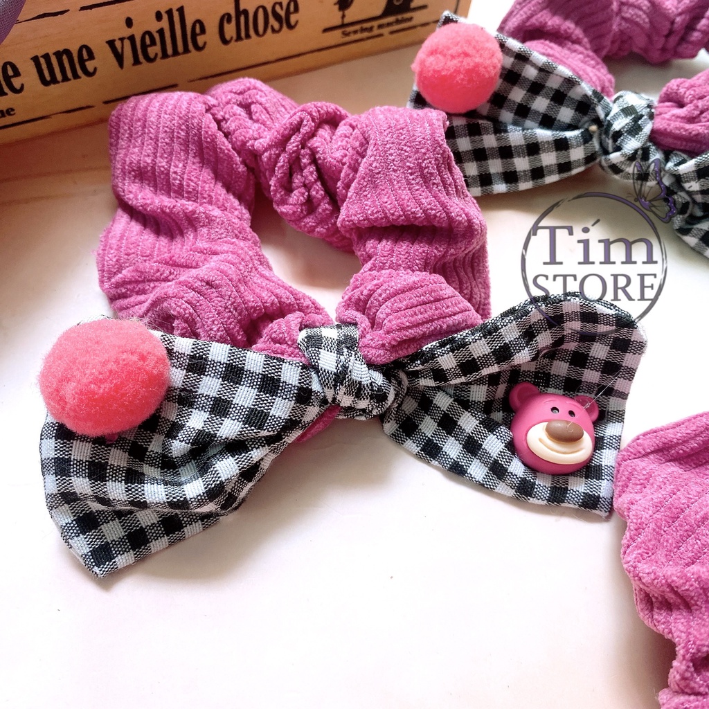 Cột tóc nơ caro gấu dâu lotso losto TIMSTORE phụ kiện buộc tóc dễ thương