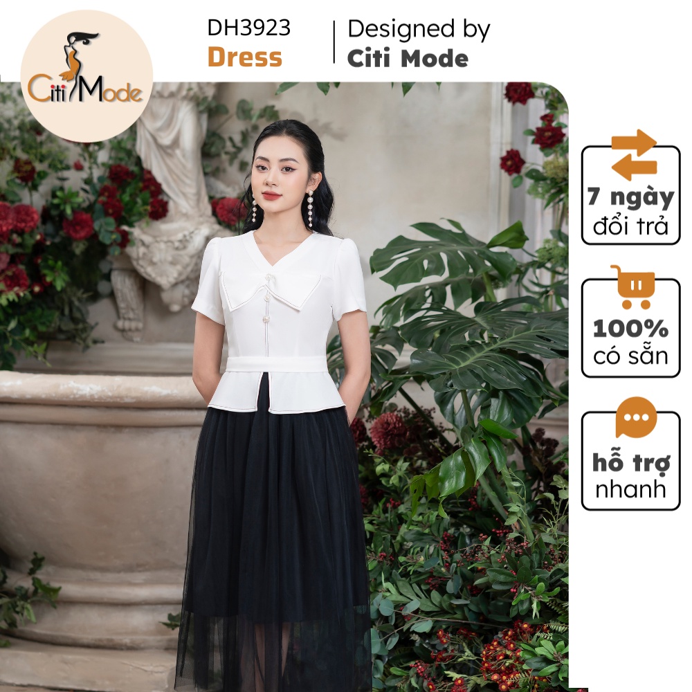 Đầm công sở CITI MODE FASHION thiết kế peplum trắng phối chân váy ren đen DH3923