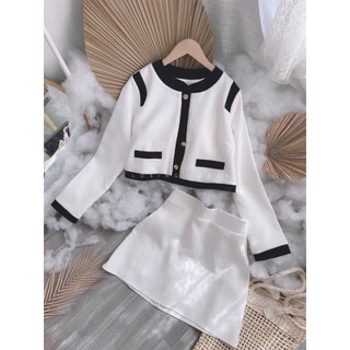 SET ÁO DẠ TRẮNG VIỀN ĐEN + CHÂN VÁY