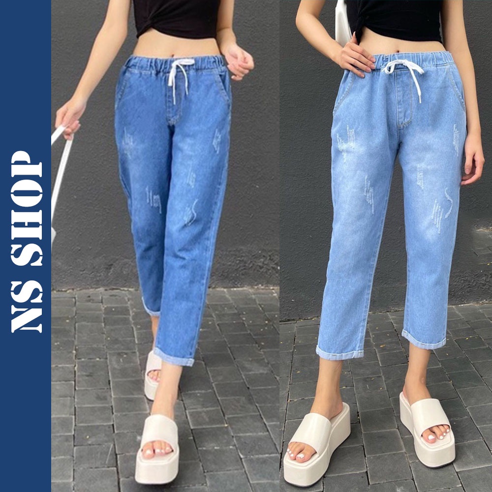 Quần Bò Nữ, Quần Baggy Jean Nữ Màu Xanh Lưng Cao Cạp Chun Có Dây Rút, Gấu Xếp Phong Cách Chất Denim Mềm Mại NSSHOP Q104