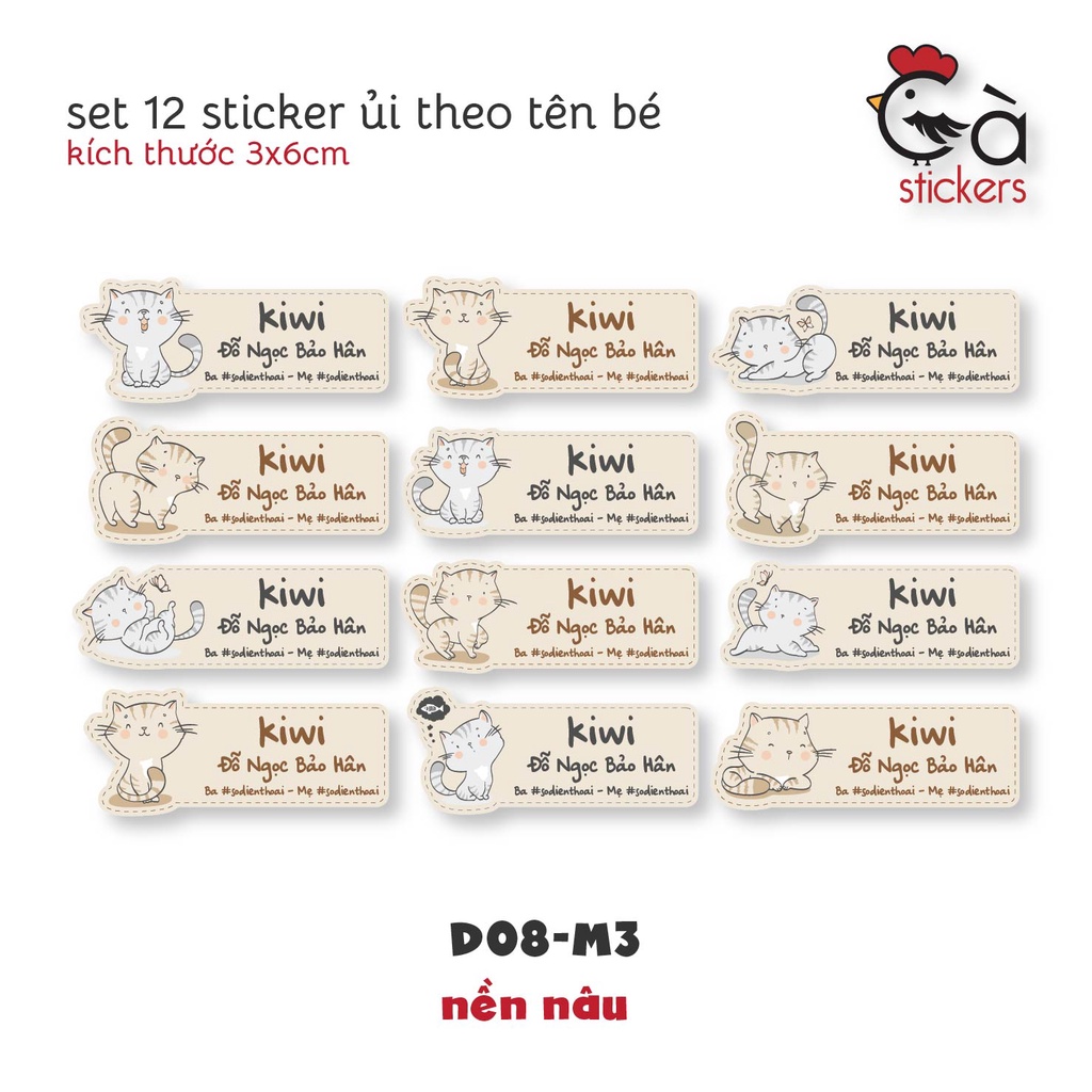 Sticker ủi áo in tên trẻ em GaStickers UT-D08- bộ 12 miếng kích thước 3 x 6 cm