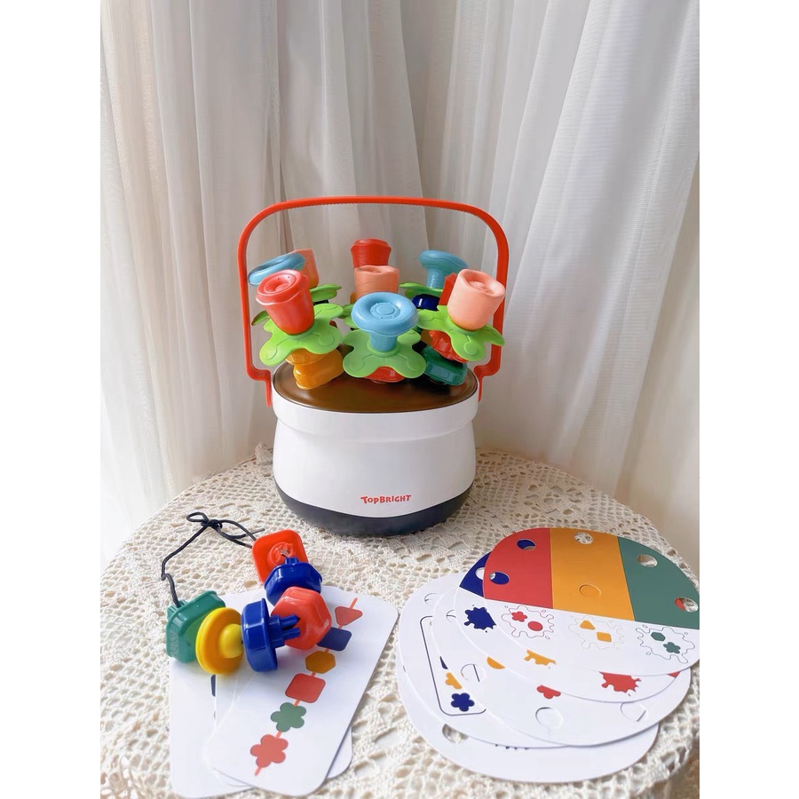 Đồ chơi thông minh luồn hạt, ghép hình, phân biệt màu sắc, giáo dục sớm Montessori 3in1 mẫu chậu hoa màu sắc Topbright