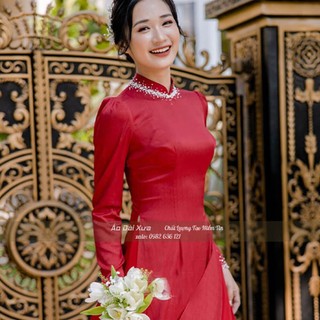 Áo dài cô dâu cưới hỏi màu đỏ lụa vân gỗ mb15