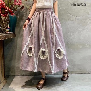 Chân váy retro kamaka linen lưng thun thếu ren 3d - nu8328