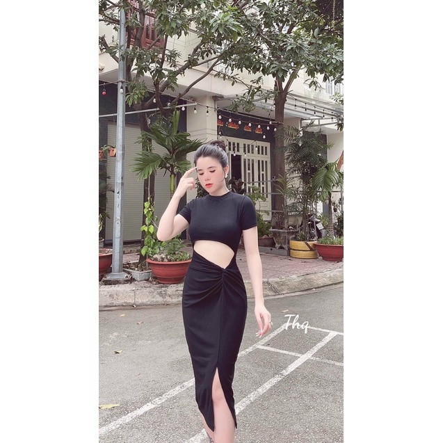 Đầm body tay ngắn hở eo xoắn 1 bên xẻ tà sexy , chất thun gân dày dặn mềm mịn