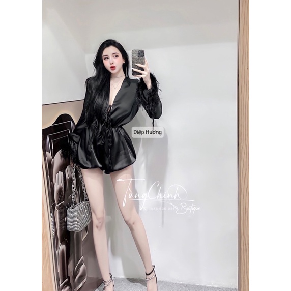 Jumpsuit lụa dây buộc kèm tay lông dạo phố sang chảnh | BigBuy360 - bigbuy360.vn