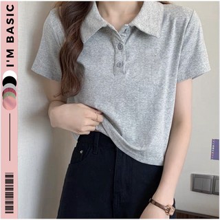 Áo Croptop Polo Nữ Màu Xám Có Cổ Vải Cotton Co Giãn Thoáng Mát Croptop Ngắn Tay Thun Đẹp I'm Basic (APL02)