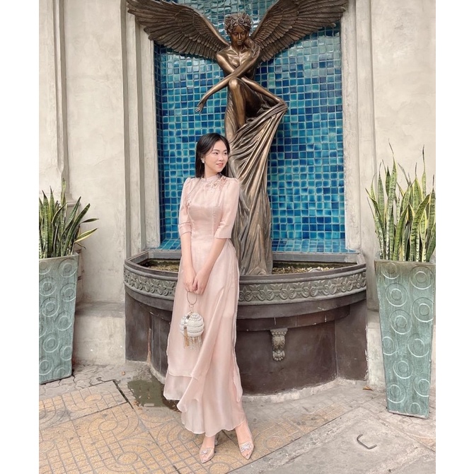 Áo Dài Hoạ Y voan tơ cao cấp 2 lớp 4 tà