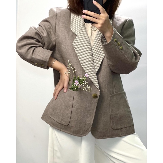 Áo blazer 2hand cổ phối kẻ caro chất dạ ép