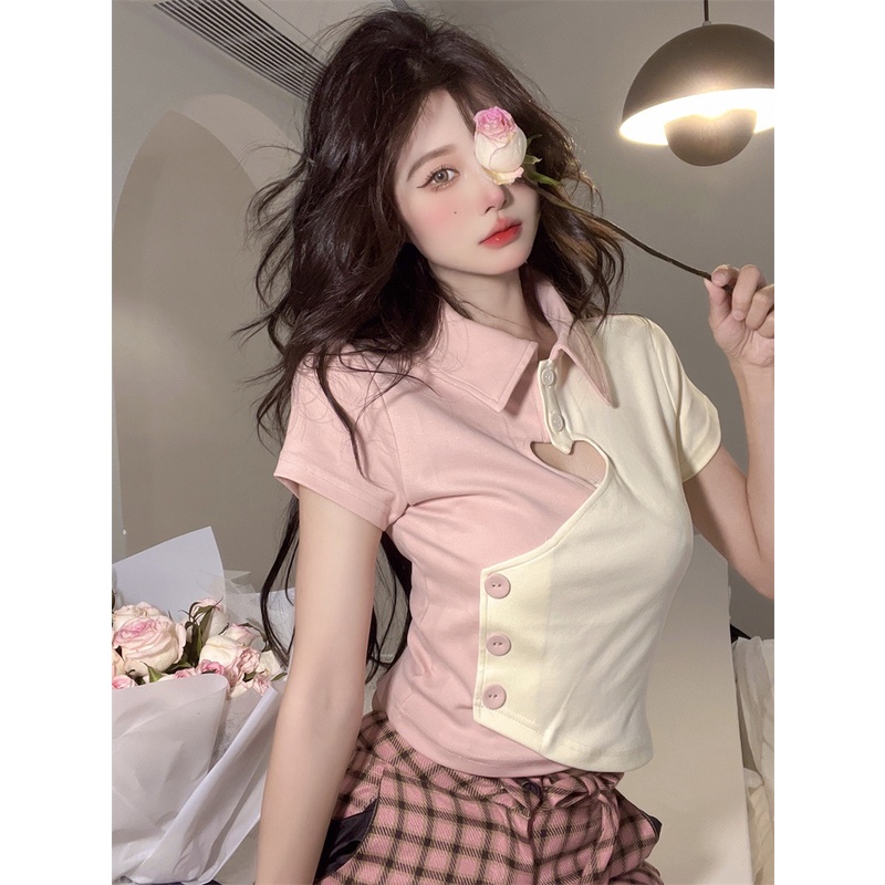 Áo polo Tay Ngắn In Hình Trái Tim Khoét Lỗ Thời Trang Cho Nữ