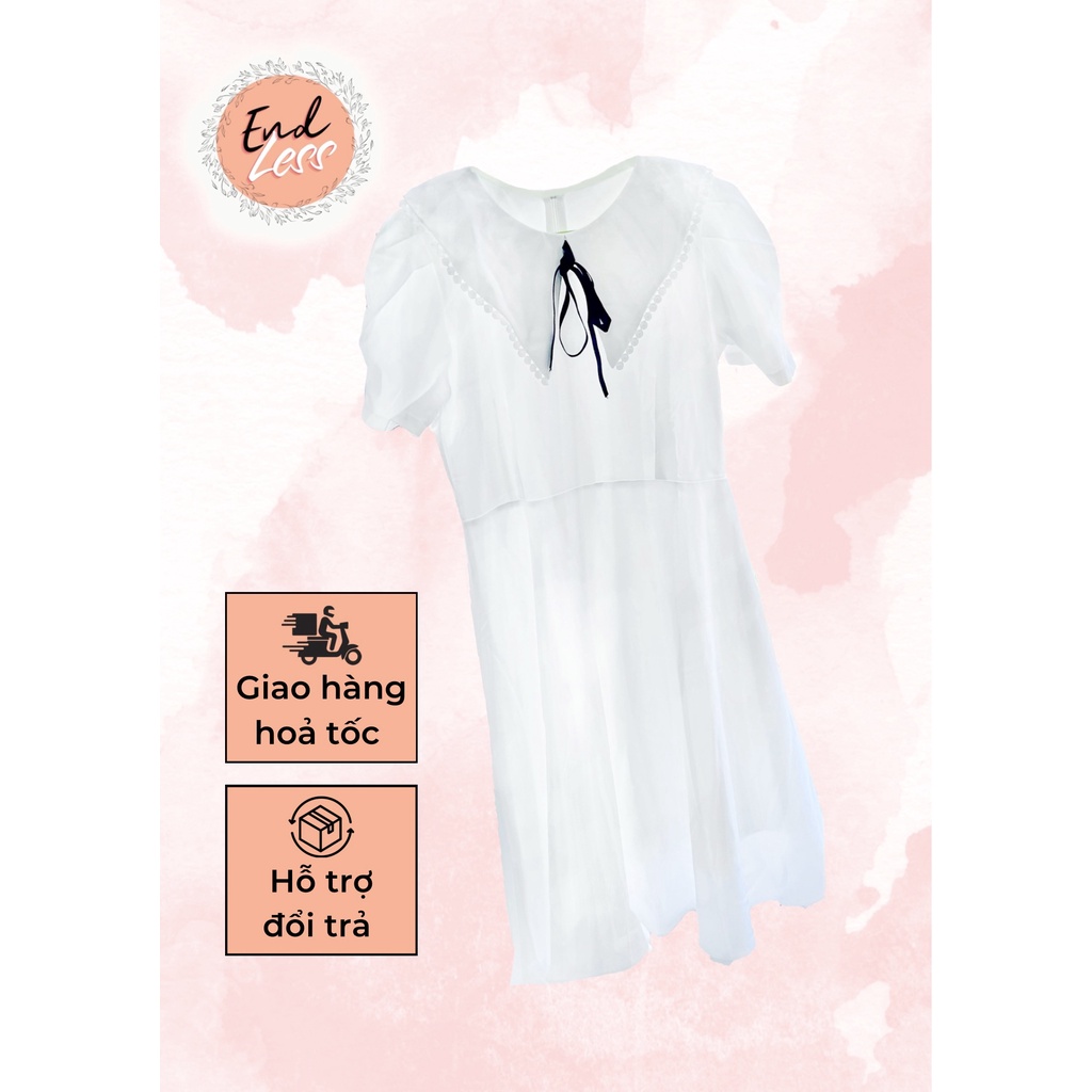 ĐẦM THIẾT KẾ TRẮNG PHỐI NƠ ĐEN TAY PHỒNG - FREESIZE