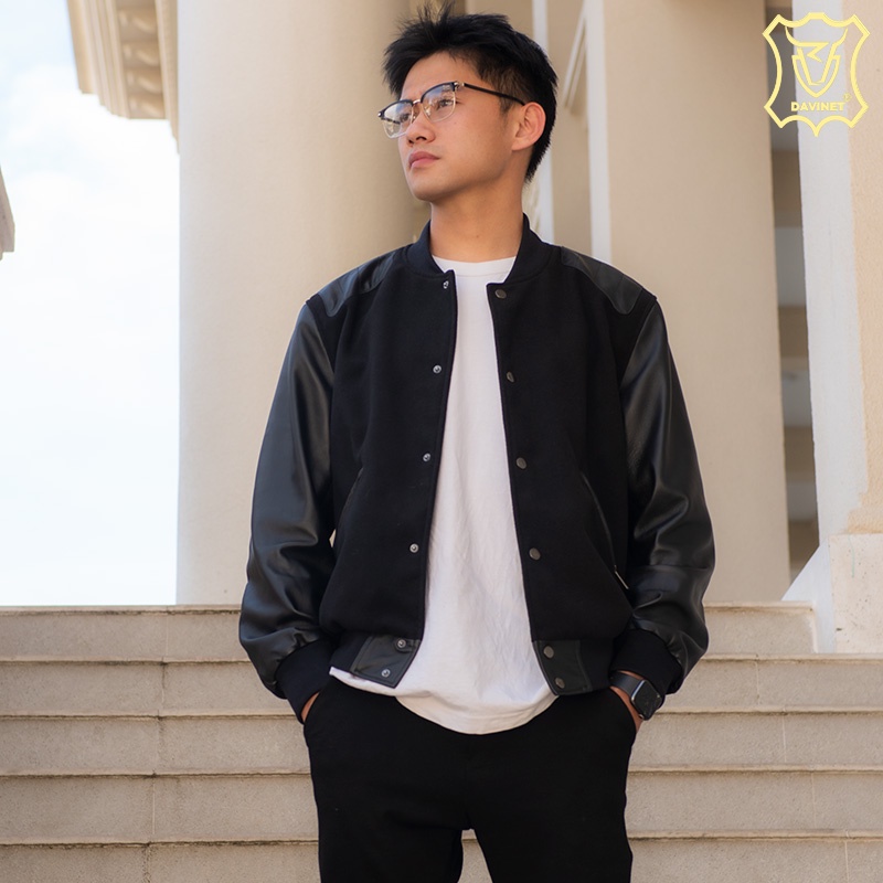 Áo Khoác Varsity Da Xịn DAVINET Am22-04, Da Xịn, Siêu Bền, Mềm Nhẹ, Bảo Hành 5 Năm