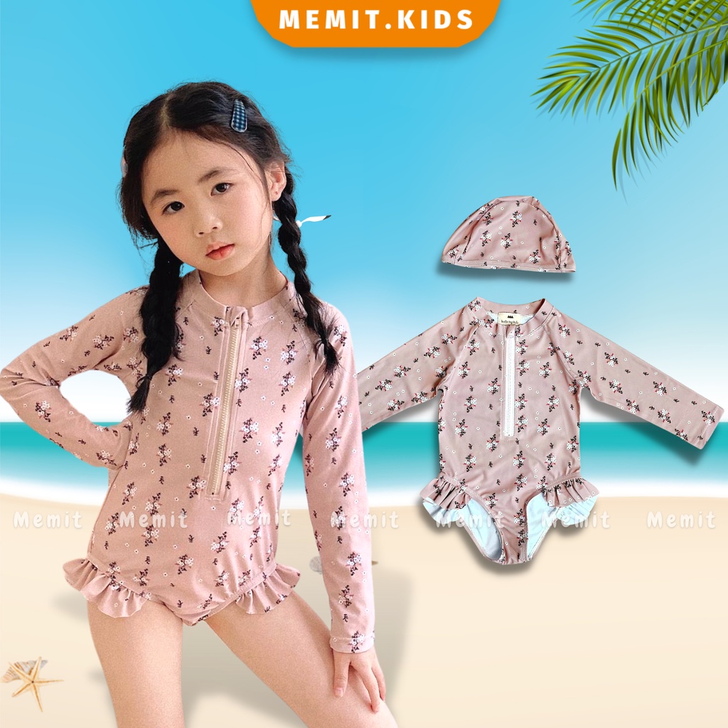 Đồ Bơi Một Mảnh Dài Tay Kèm Mũ, đồ bơi nhiều màu sắc lựa chọn dành cho bé gái