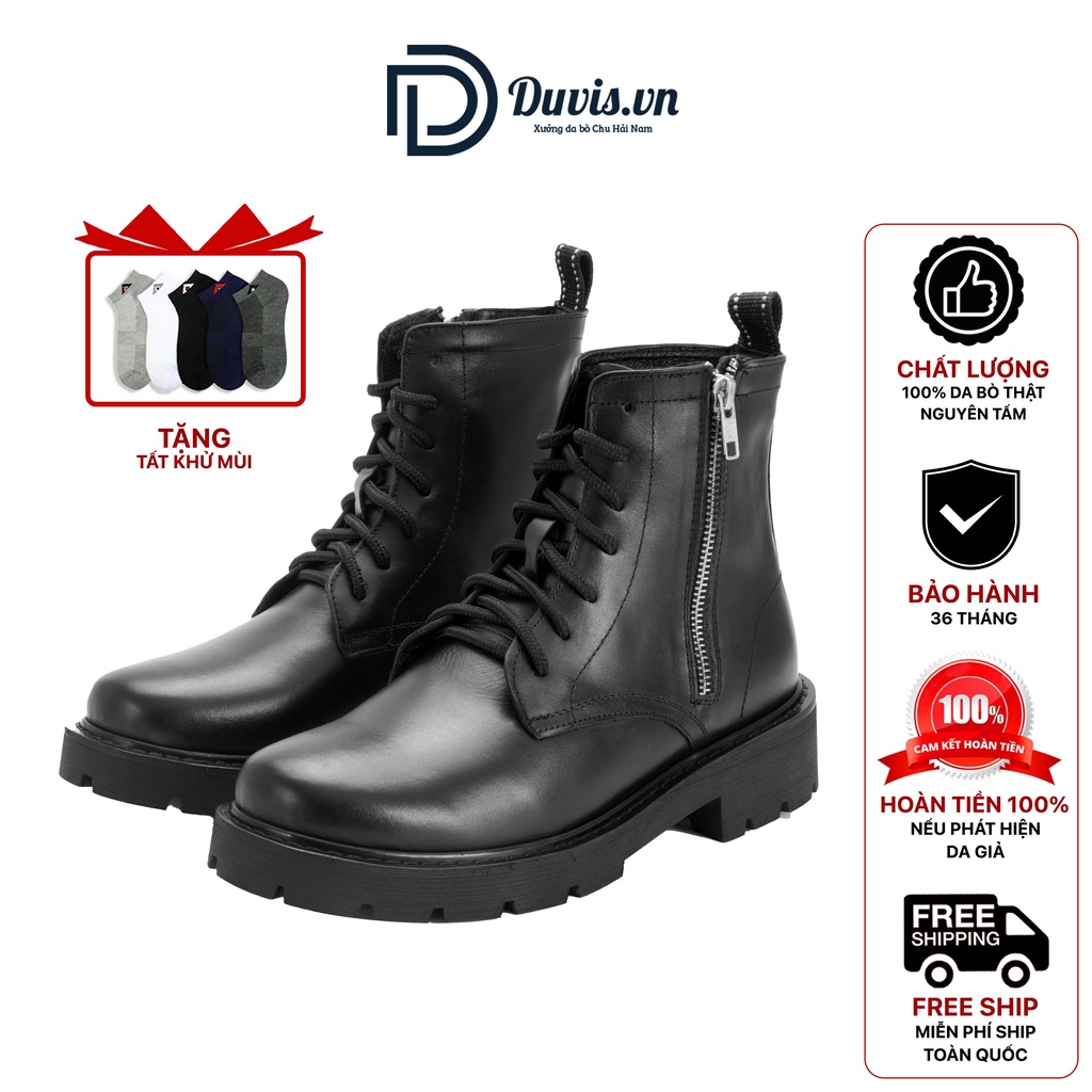 CBboot01 - Giày Nam Combat Boots Da Bò Thật Duvis  Màu Đen