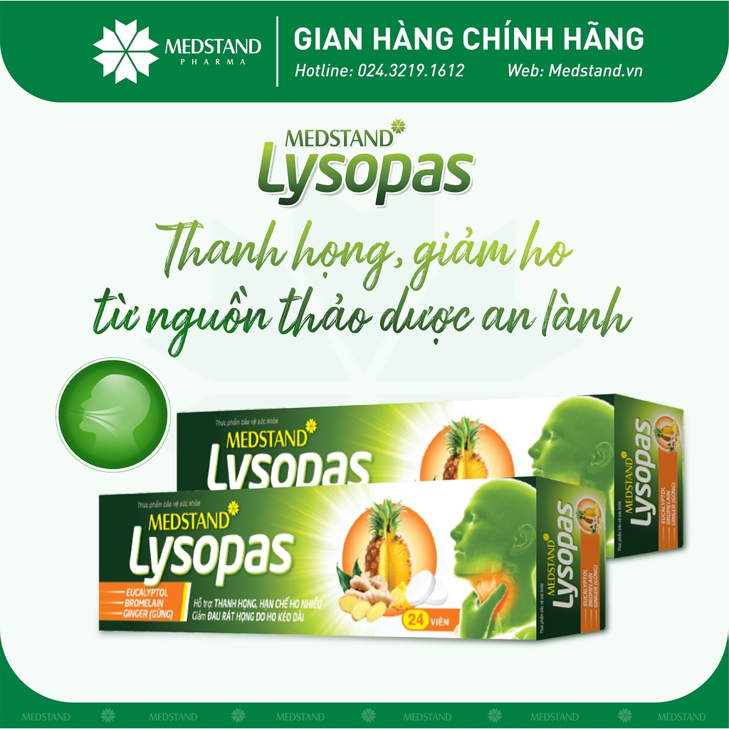 Viên ngậm thanh họng, hạn chế ho nhiều, giảm đau rát họng do ho kéo dài MEDSTAND Lysopas (Hộp 24 viên)