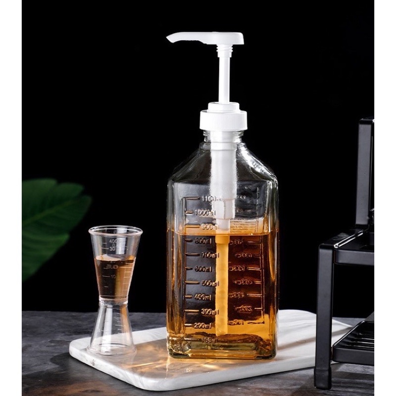 Bình bơm đường, siro chai thuỷ tinh có vòi Pump 1100ml - Đồ pha chế