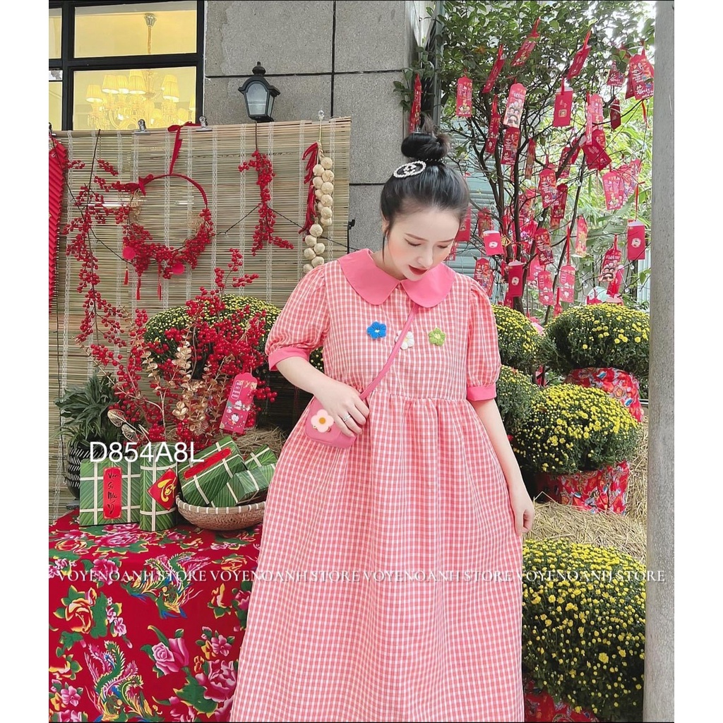 Đầm caro nữ babydoll phong cách Hàn quốc váy kẻ hoa nổi tay bồng cổ bèo dáng dài rộng bầu bì bon chen D8548