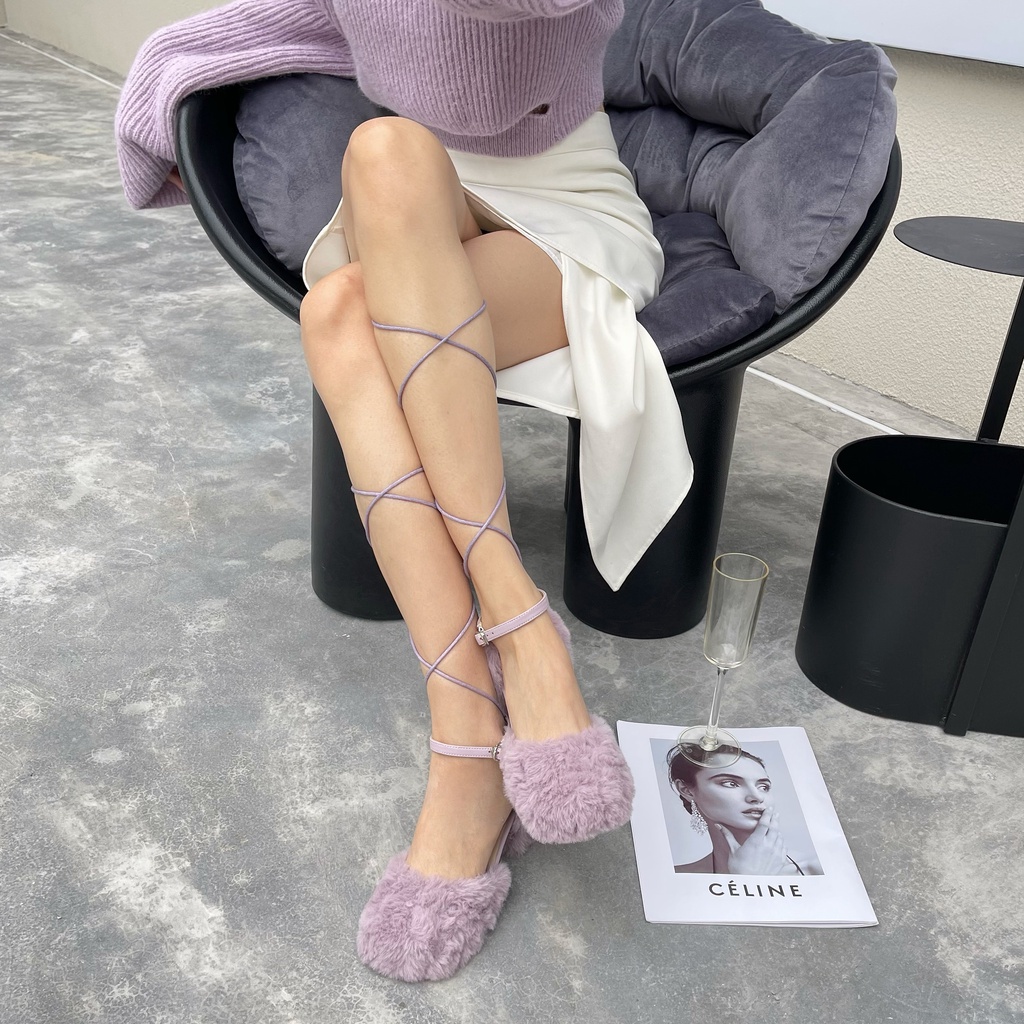 Giày búp bê lông xù gót vuông hot trend 2023 thời trang nữ bông phồng đẹp