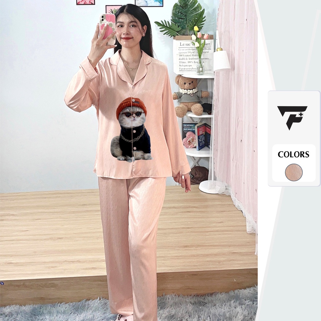Bộ pijama in hình tơ tằm ÁNH KIM T8 mặc nhà mặc ngủ tay dài quần dài