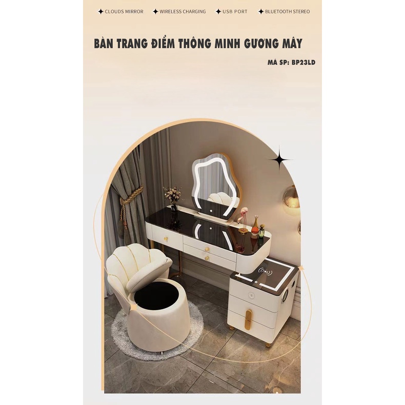 Bàn trang điểm phong cách Bắc Âu Cao cấp 🌸FREE SHIP 🌸 Gương Mây, Sạc Không Dây USB, Tích hợp loa Bluetooth Stereo BP23LD