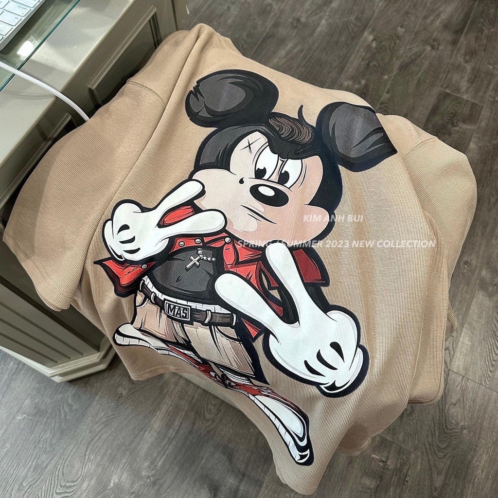 Áo Phông Nữ Tay Lỡ Áo Thun Nữ Nâu Tây Form Rộng In Hình Chuột Mickey Dáng Thụng Freesize
