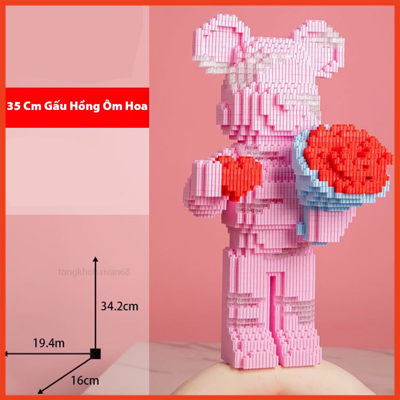 Mô Hình Gấu Bearbrick Cỡ Lớn Ôm Hoa Ôm Bó Hoa 35cm Xếp Hình Đồ Chơi Lắp Ráp Mô Hình Bear Brick 3D Dễ Thương