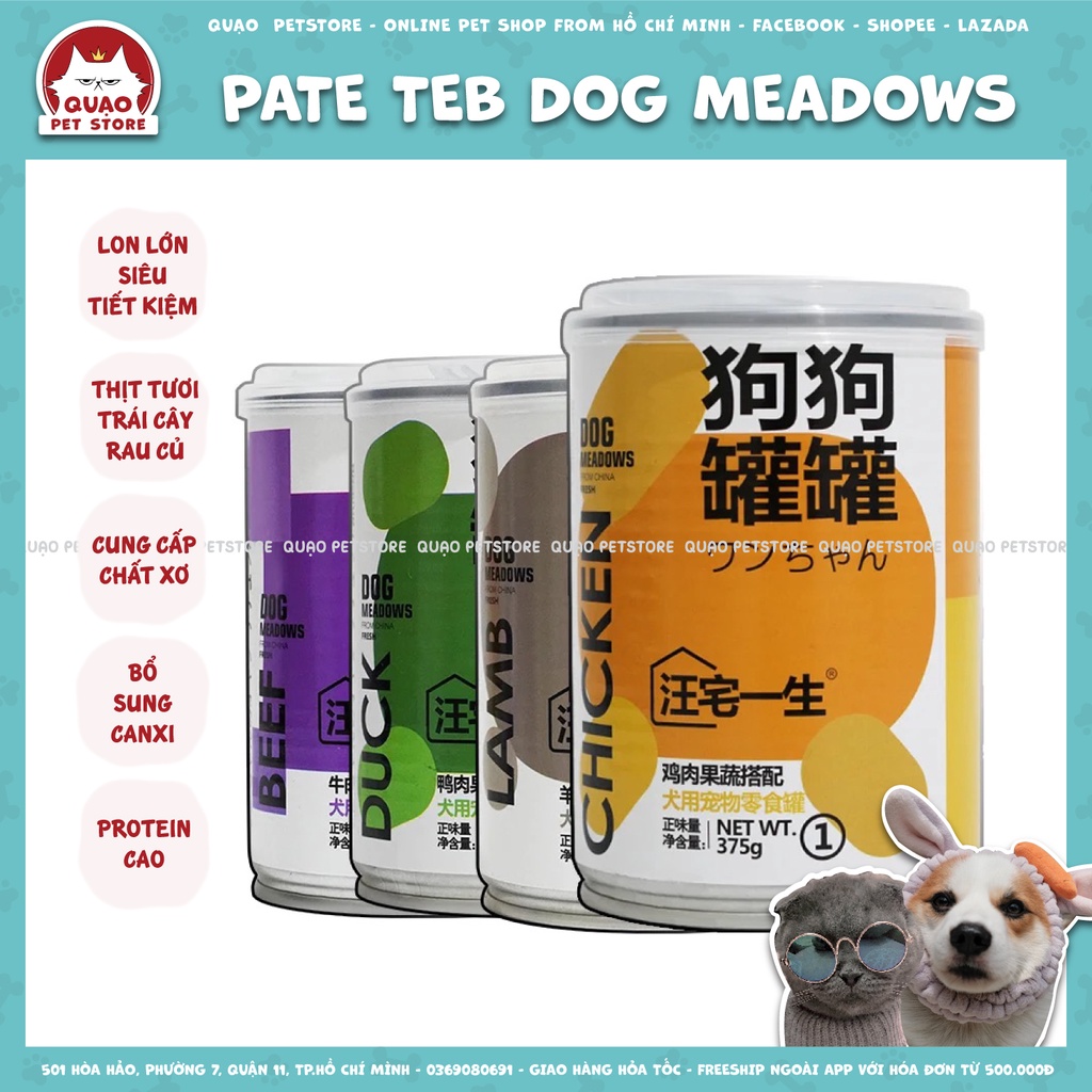 Pate lon lớn Teb Dog Meadows 375gr siêu tiết kiệm cho chó, thức ăn ướt cao cấp bổ sung canxi, chất xơ