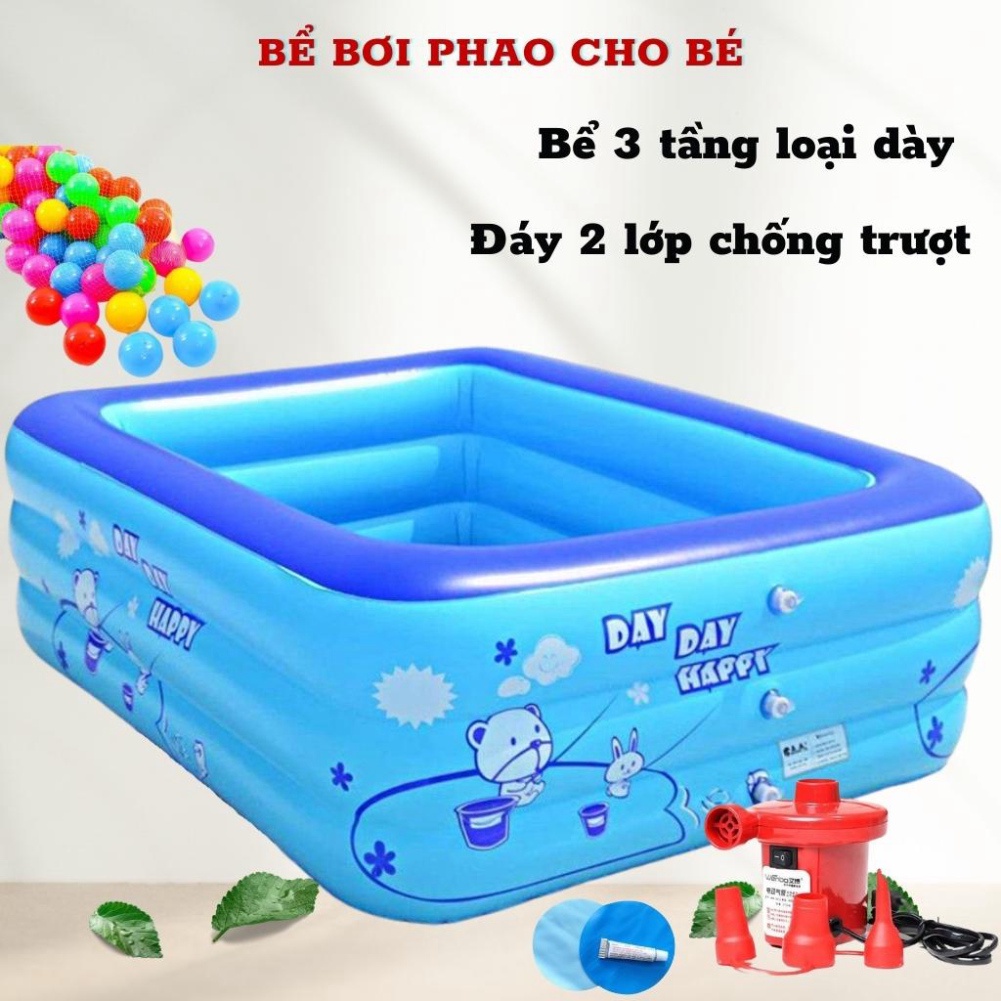 Bể bơi 1m8 3 tầng cho bé, hồ bơi trong nhà loại dày có đáy chống trượt tặng kèm keo và miếng vá