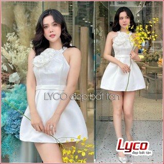 Váy thiết kế cộc tay cổ yếm duyên dáng kết hoa 3D lông vũ đầm xòe chữ A