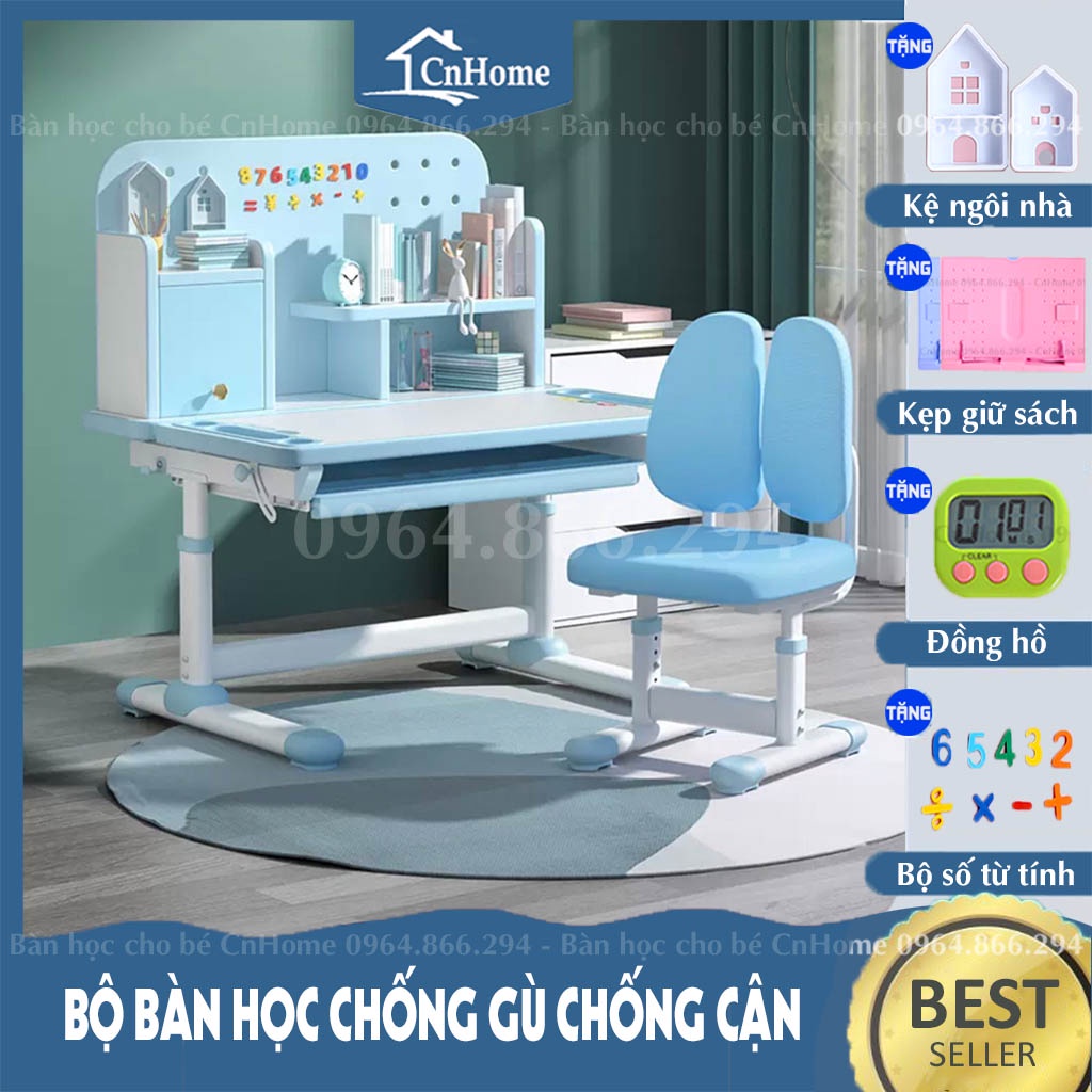 Bàn học thông minh cho bé có kệ sách A16 CnHome chống gù chống cận, bàn học kèm kệ sách cho bé, phù hợp cho học sinh
