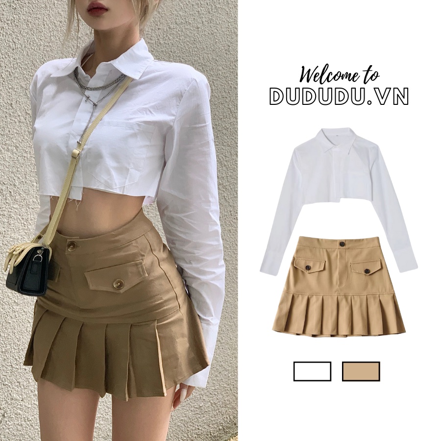 Bộ áo sơ mi croptop lệch vạt và chân váy xếp ly phong cách Ulzzang, cá tính, set áo sơ mi dáng ngắn và chân váy ngắn hàng Quảng Châu cao cấp dành cho nữ