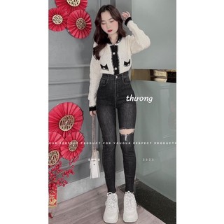 Jeans dài lưng cao co giãn rách 1ô