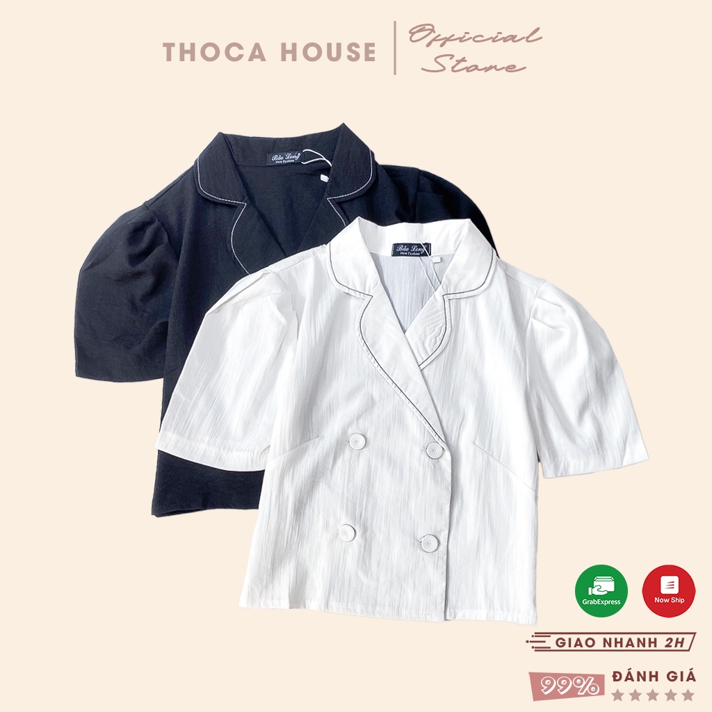 [Mã BMLT35] Áo sơ mi croptop công sở tay ngắn kiểu viền cổ 4 nút THOCA HOUSE trắng, đen phong cách thanh lịch, trẻ trung