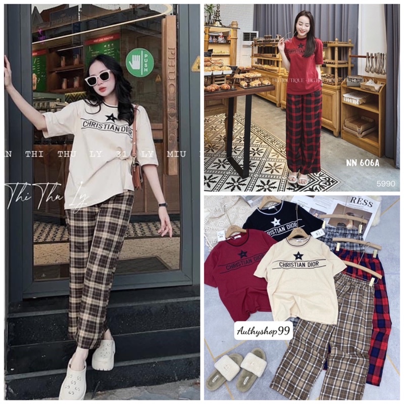 Set Bộ Chris Thêu Kèm Quần Suông Kẻ Chất Đẹp Có Ảnh Thật