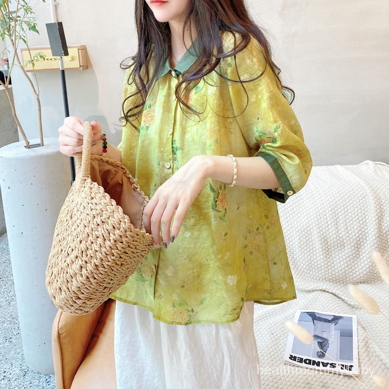 Trang Phục Bà Bầu Áo Phối Màu Áo Sơ Mi In Hoa Thiết Kế Thích Hợp Đi Lại Lỏng Lẻo Văn Học Và Nghệ Thuật Hoa Tay Áo