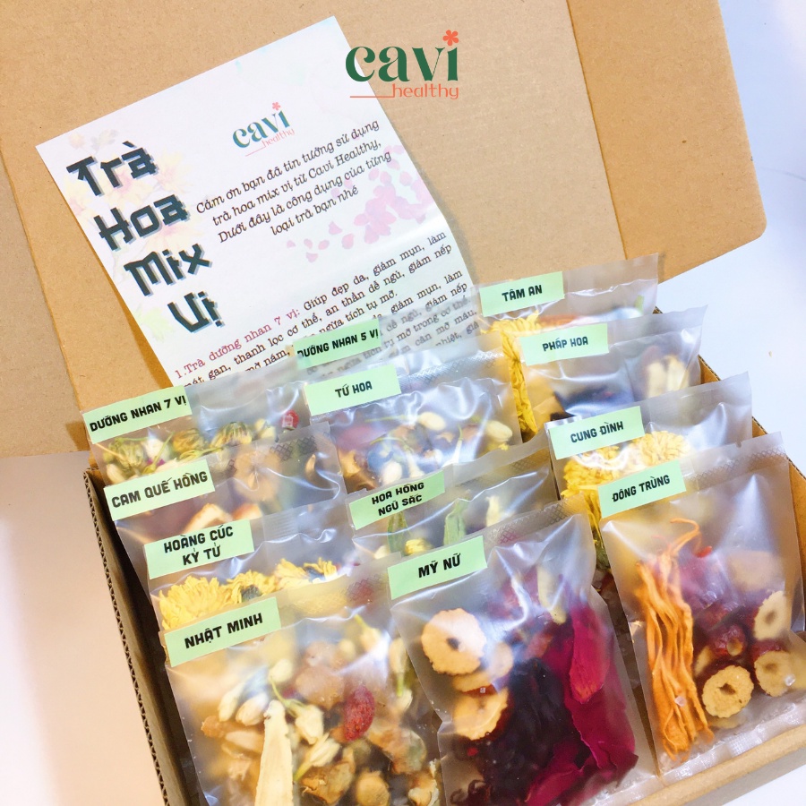 Set Trà Hoa Mix 12 Vị Kèm Chai Thủy Tinh Cavi Healthy Thanh Nhiệt, Đẹp Da, Giảm Stress