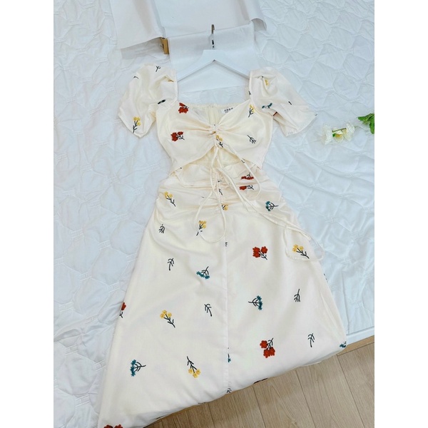 Đầm Maxi Nữ Tay Bồng Rúm Hông, Váy trắng maxi hoa Tay Bồng