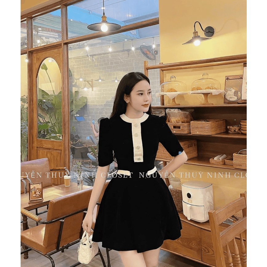 ĐẦM NHUNG CỨNG TAY NGẮN ĐÍNH NÚT ÔM EO DÁNG NGẮN CỰC XINH ĐẸP NỮ TÍNH ĐI CHƠI DỰ TIỆC HÀNG THIẾT KẾ CAO CẤP