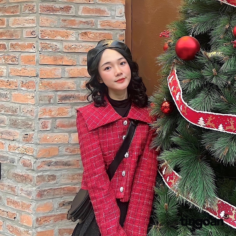 TINGOAN®  -  Áo khoác tweed đỏ lấp lánh lửng cổ bẻ thủy thủ đính cúc đá tingoan SAILOR MOON JACKET/DR(Freesize)