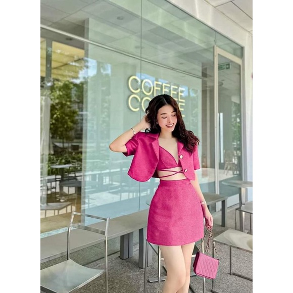 SET 3 MÓN: KHOÁC CROP VEST KÈM BRA CỘT DÂY EO + CHÂN VÁY  6M