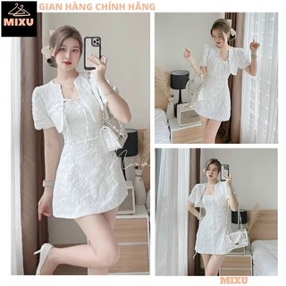Set váy gấm xốp 2 dây kèm áo khoác ngoài croptop tay bồng, Đầm gấm trắng thiết kê dự tiệc siêu sang chảnh cực hot - MIXU